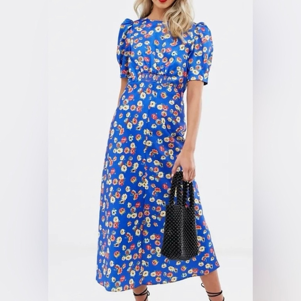 ASOS Floral Print Satin Midid Dress Bells Puff Sleeves size 12
